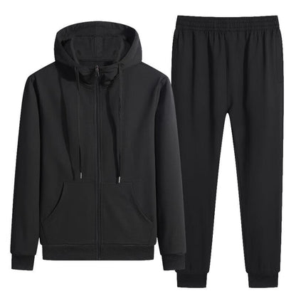 Tuta sportiva nera da uomo, composta da felpa con cappuccio e pantaloni, abbigliamento casual, moda fitness, comoda e versatile.