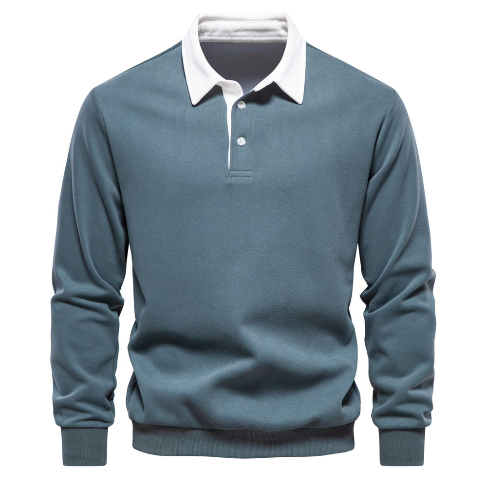 Maglione polo uomo blu con colletto bianco, maniche lunghe, stile casual elegante, perfetto per moda autunnale e invernale.