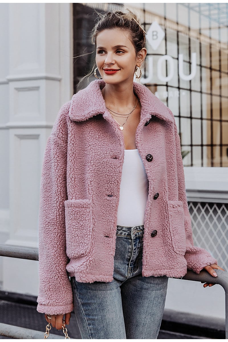 Abrigo de invierno para mujer en piel sintética con mangas largas y apertura frontal