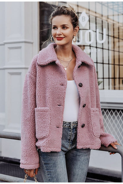 Abrigo de invierno para mujer en piel sintética con mangas largas y apertura frontal