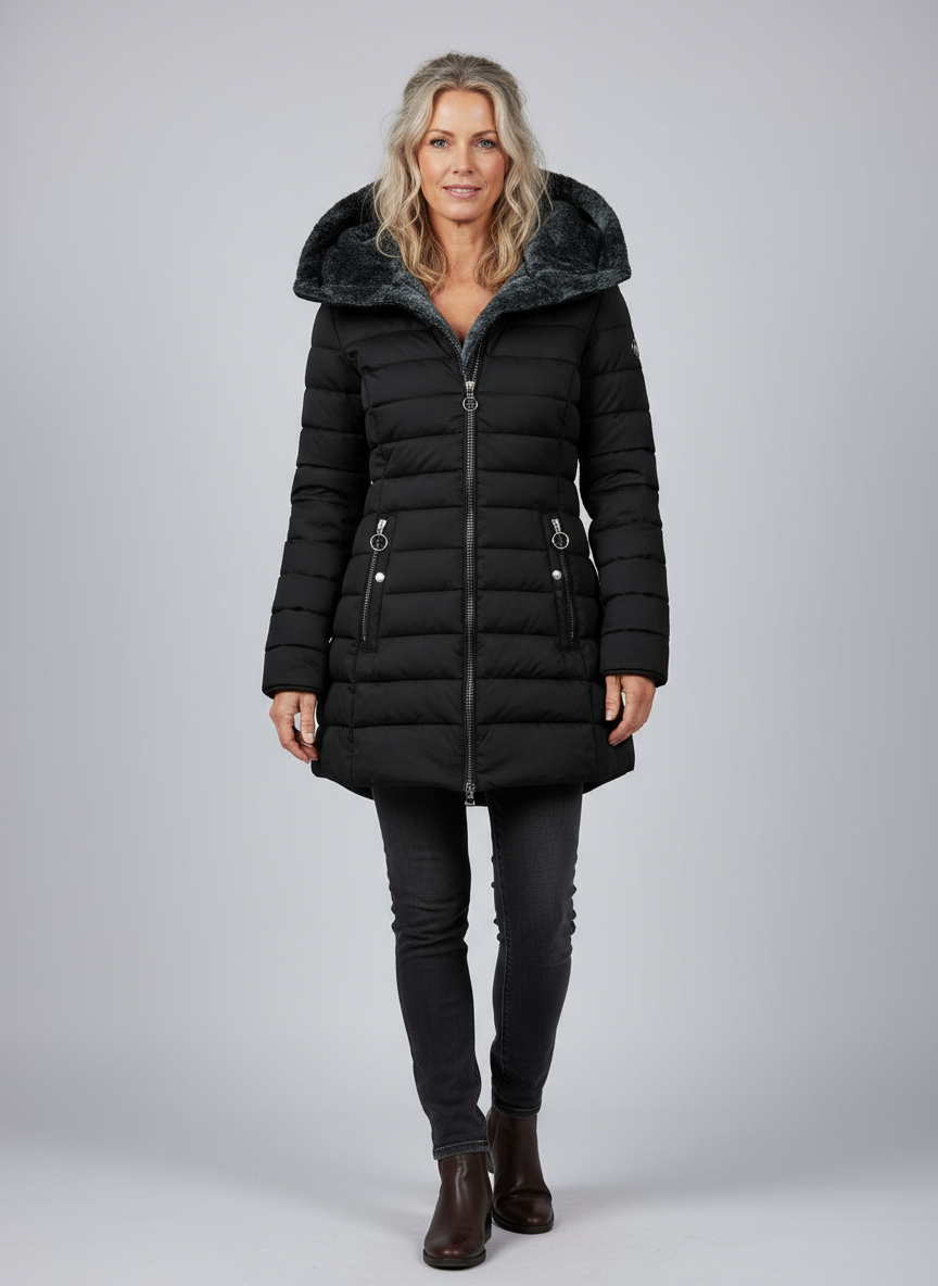 Giacca Invernale da Donna con Fodera Morbida Zip Asimmetrica e Cappuccio