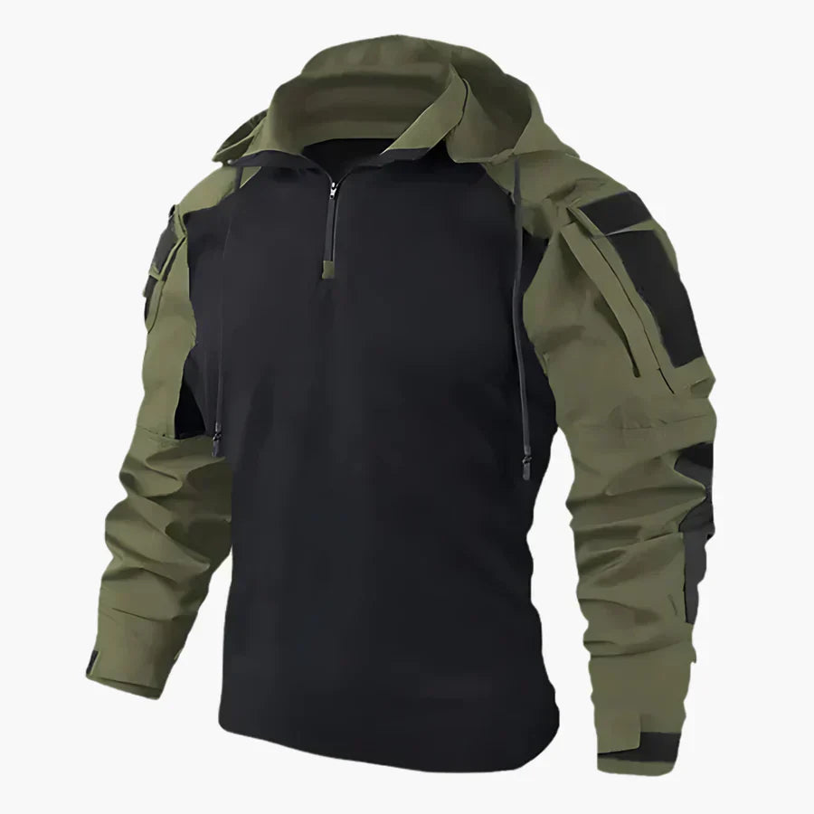 Giacca tattica uomo verde e nera, design militare, con cappuccio e zip, ideale per outdoor, escursionismo e attività sportive.