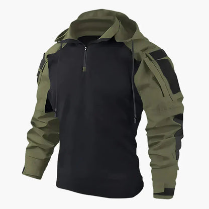 Giacca tattica uomo verde e nera, design militare, con cappuccio e zip, ideale per outdoor, escursionismo e attività sportive.