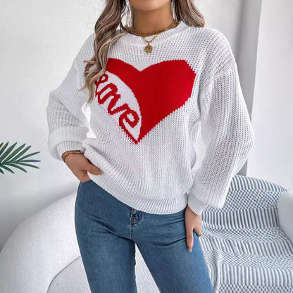 Maglione Donna in Maglia Acrilica con Stampa Cuori, Vestibilità Comoda e Maniche Lunghe