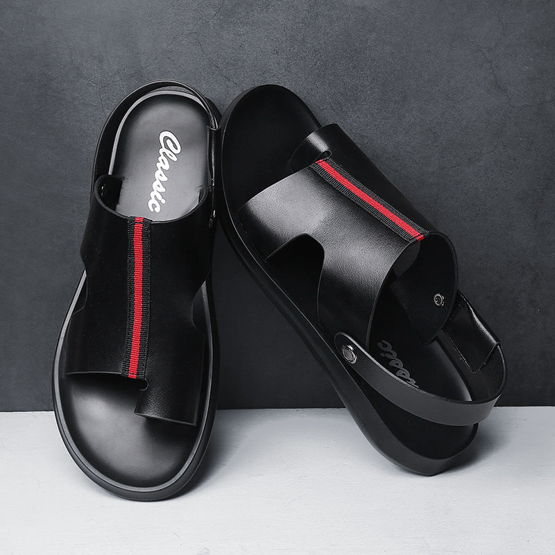 Sandali neri da uomo in pelle con cinturino rosso, design moderno, suola antiscivolo. Scarpe estive eleganti, comode e alla moda.