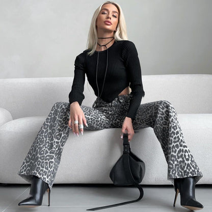 Donna Jeans Skinny Vita Alta con Stampa Leopardata