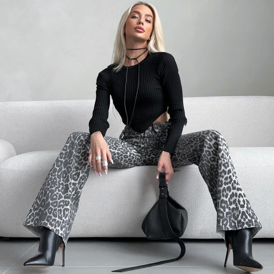 Donna Jeans Skinny Vita Alta con Stampa Leopardata