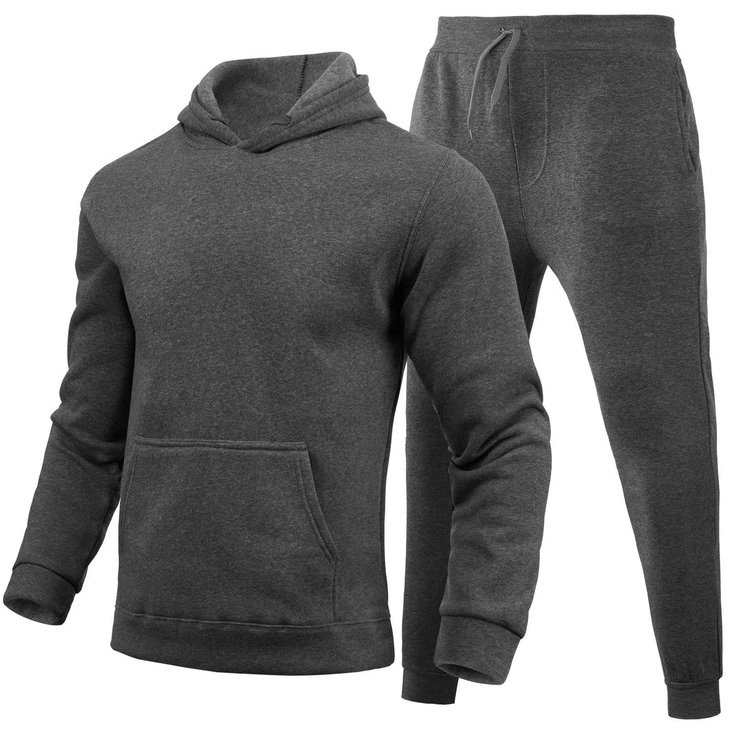 Set tuta sportiva uomo in cotone grigio scuro, felpa con cappuccio e pantaloni con tasche. Abbigliamento casual e comodo per palestra e tempo libero.