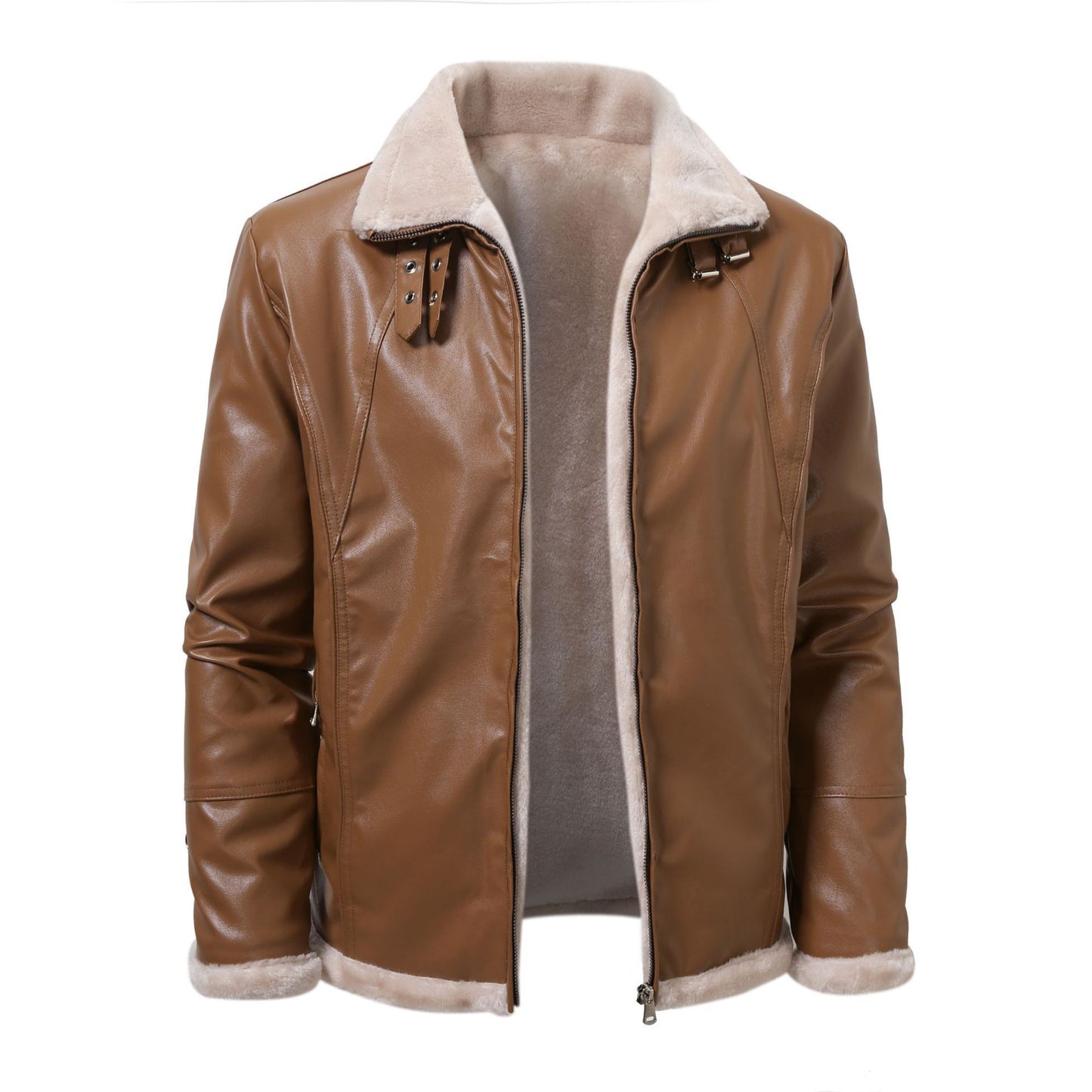 Giacca in pelle marrone con fodera in pelliccia sintetica, colletto rialzato e chiusura a zip. Elegante e calda, ideale per l'inverno.
