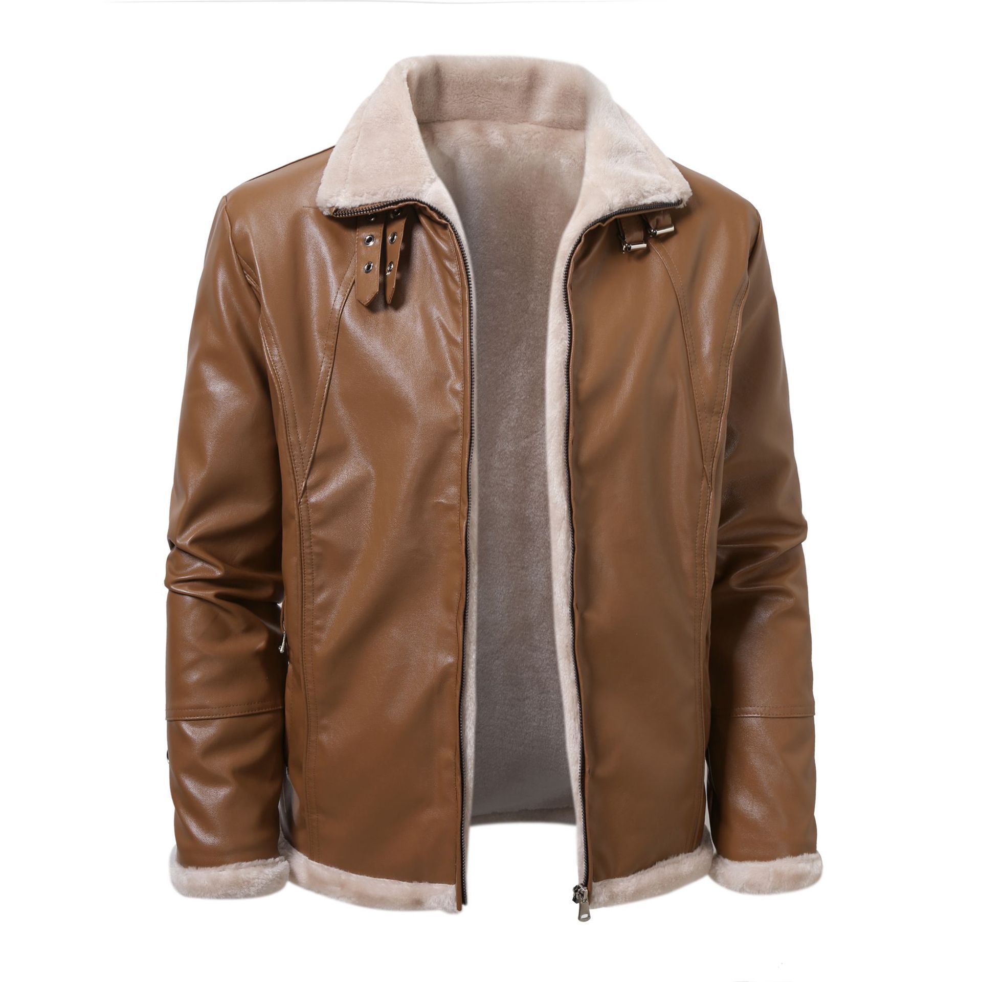 Giacca in pelle marrone con fodera in pelliccia sintetica, colletto rialzato e chiusura a zip. Elegante e calda, ideale per l'inverno.