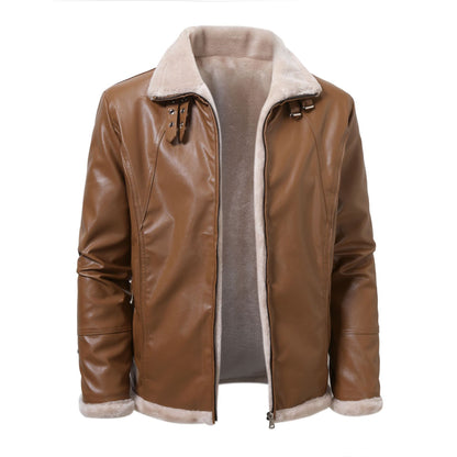 Giacca in pelle marrone con fodera in pelliccia sintetica, colletto rialzato e chiusura a zip. Elegante e calda, ideale per l'inverno.