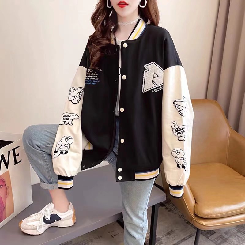 Chaqueta de mujer estilo béisbol con estampado de dibujos animados y mangas largas