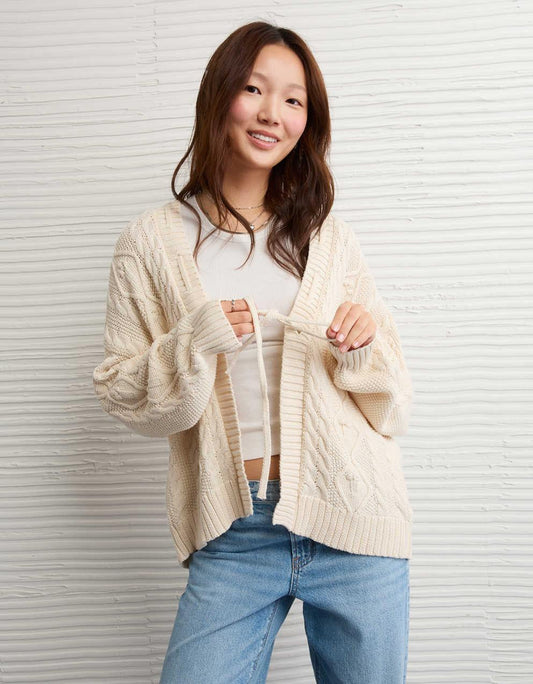 Cardigan da Donna a Treccia con Apertura Frontale e Orlo a Coste