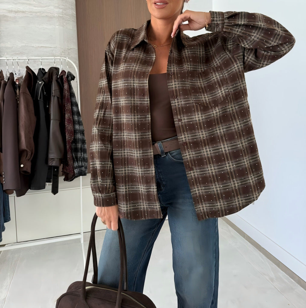 Dame Skjorte med Enkeltknap, Skotsk Ternet Mønster og Strass, Lange Ærmer