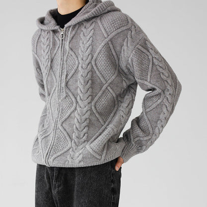 Giacca in maglia grigia con cappuccio, motivo a trecce, chiusura a zip, indossata da persona in jeans neri. Moda autunnale, abbigliamento casual.