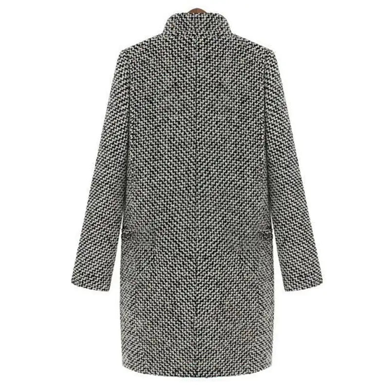 Cappotto donna invernale grigio, motivo a spina di pesce, collo alto, maniche lunghe, elegante e caldo, ideale per moda autunno inverno.