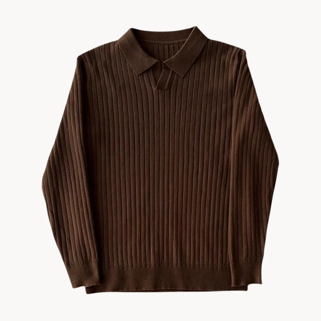 Maglione marrone a coste con colletto, maniche lunghe, stile casual elegante, perfetto per l'autunno e l'inverno, moda uomo.