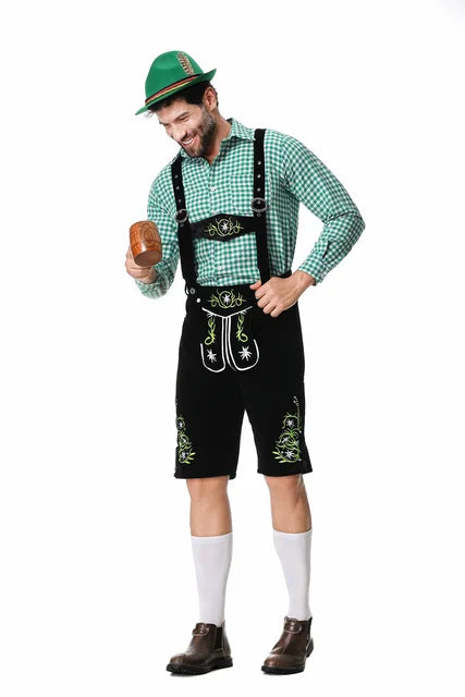 Set Outfit Oktoberfest da Uomo con Gilet Verde Pantaloni Cappello e Bretelle