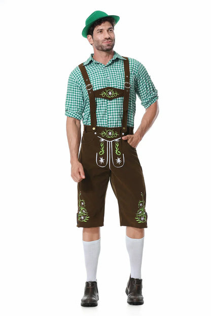 Set Outfit Oktoberfest da Uomo con Gilet Verde Pantaloni Cappello e Bretelle