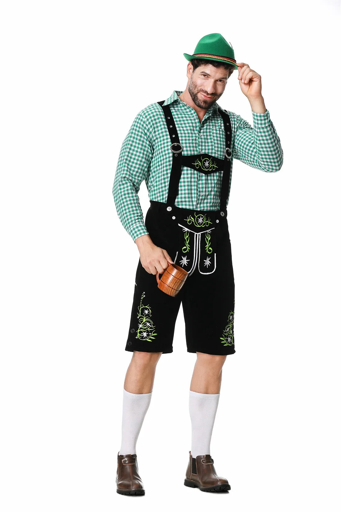 Set Outfit Oktoberfest da Uomo con Gilet Verde Pantaloni Cappello e Bretelle