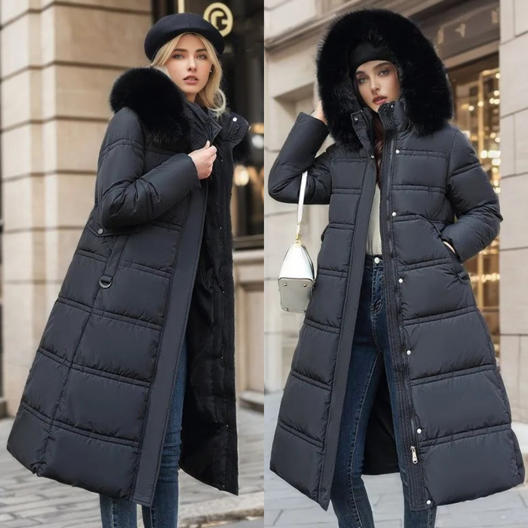 Due donne in cappotti lunghi imbottiti neri con cappuccio in pelliccia, moda invernale elegante, strada cittadina, abbigliamento caldo e alla moda.