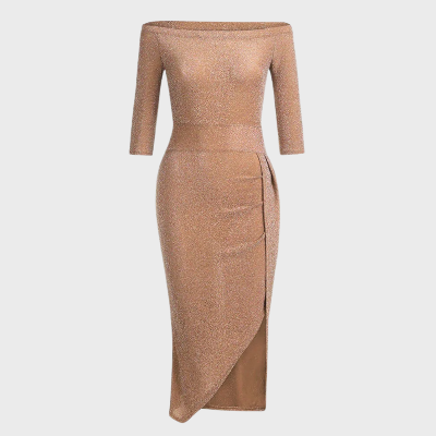 Abito elegante donna, color bronzo, spalle scoperte, maniche a tre quarti, lunghezza midi, design asimmetrico, perfetto per serate e occasioni speciali.