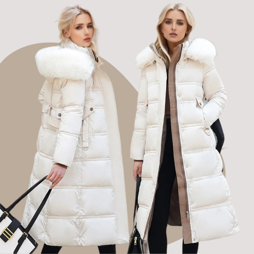 Due donne in cappotti invernali bianchi con cappuccio in pelliccia, moda elegante, abbigliamento caldo, stile invernale, tendenza femminile.