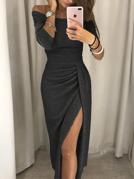 Abito Midi Elegante con Spacco Laterale e Scollo a V