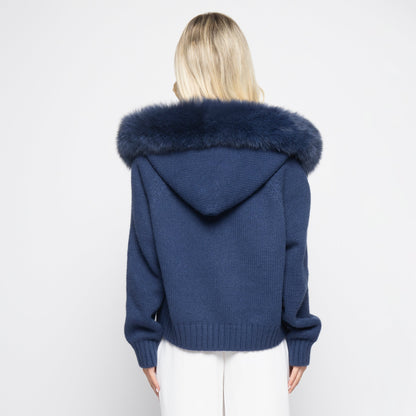 Cardigan da Donna con Zip, Cappuccio in Pelliccia Staccabile e Lavorazione a Maglia