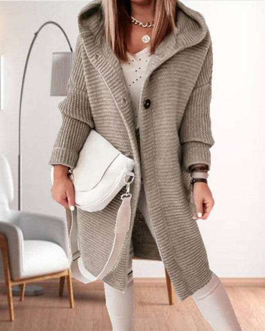 Giacca da Donna in Maglia con Cappuccio e Chiusura a Bottoni