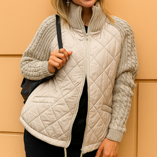 Dame Vinter Quiltet Jakke Med Strikkede Ærmer Og Høj Krave