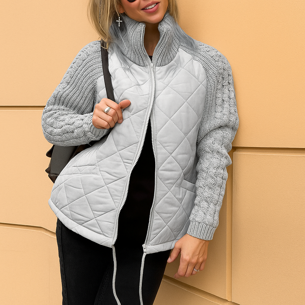 Dame Vinter Quiltet Jakke Med Strikkede Ærmer Og Høj Krave