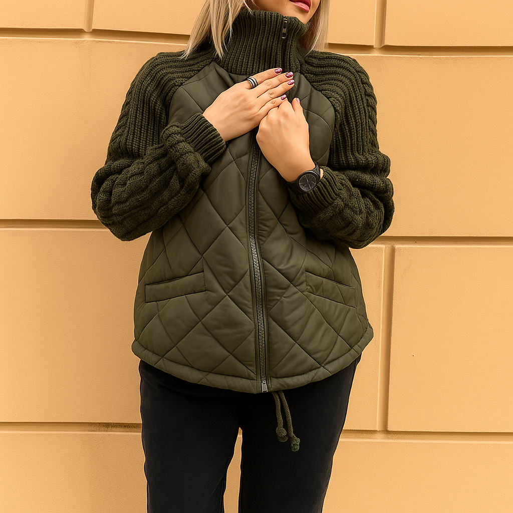 Dame Vinter Quiltet Jakke Med Strikkede Ærmer Og Høj Krave