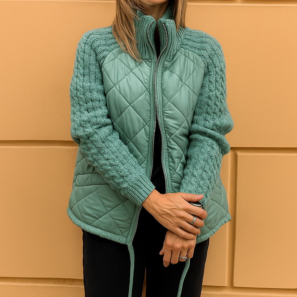 Dame Vinter Quiltet Jakke Med Strikkede Ærmer Og Høj Krave