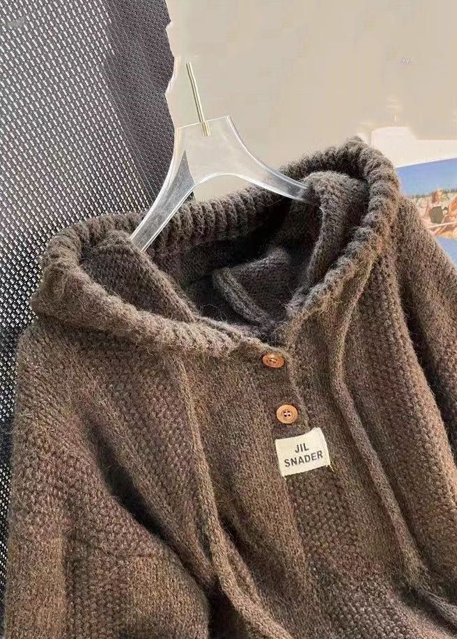 Top da Donna con Cappuccio Lavorazione a Maglia Bottoni Frontali e Lacci Maniche Lunghe