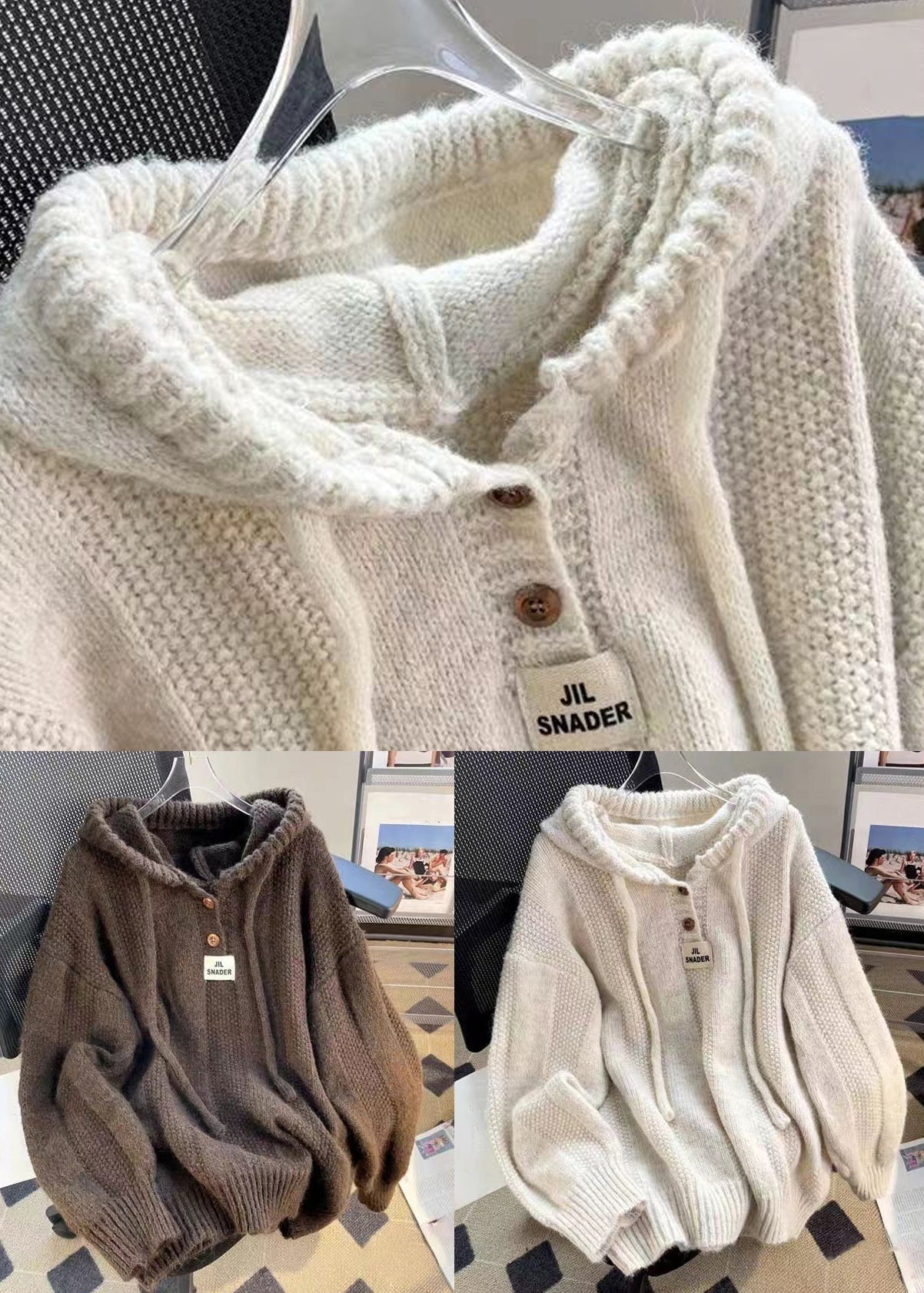 Top da Donna con Cappuccio Lavorazione a Maglia Bottoni Frontali e Lacci Maniche Lunghe