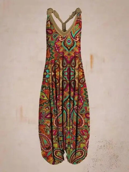 Abito lungo boho chic con stampa etnica colorata, design senza maniche, scollo a V, perfetto per look estivi e casual.