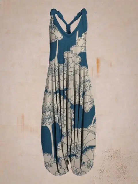 Abito lungo estivo blu con stampa floreale bianca, design senza maniche, scollo a V, perfetto per moda donna, abbigliamento casual elegante.