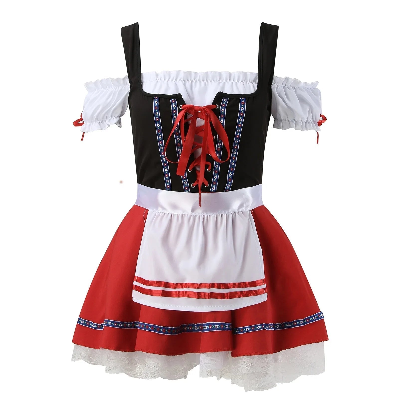 Costume tradizionale bavarese da donna, con corpetto nero, grembiule bianco e gonna rossa. Perfetto per Oktoberfest e feste a tema.