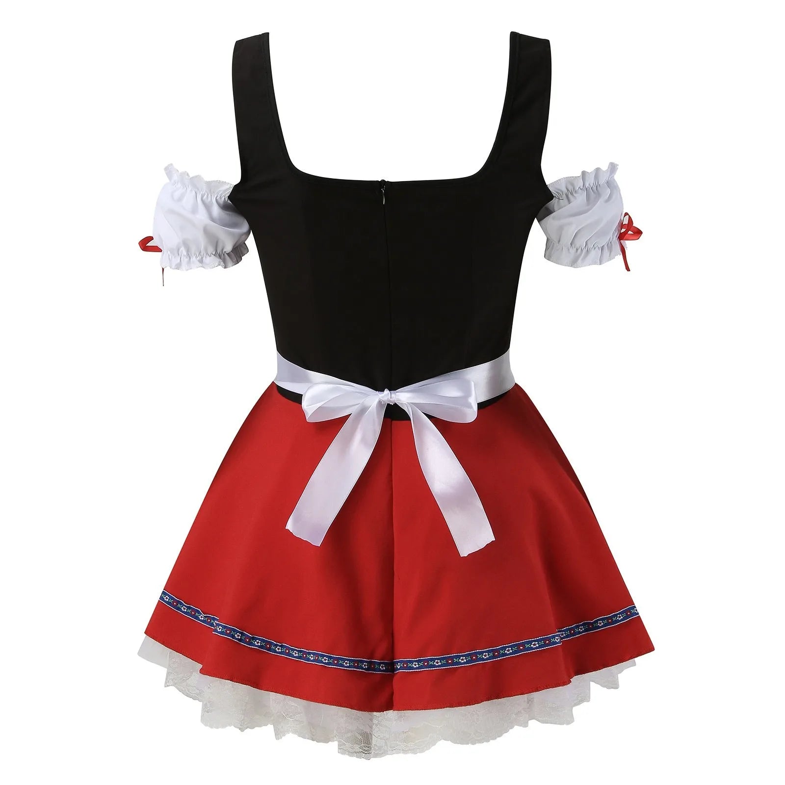 Costume tradizionale bavarese donna, abito dirndl rosso e nero con fiocco bianco, maniche corte arricciate, ideale per Oktoberfest e feste a tema.