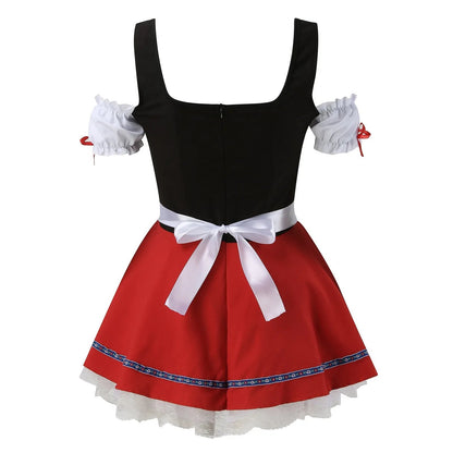 Costume tradizionale bavarese donna, abito dirndl rosso e nero con fiocco bianco, maniche corte arricciate, ideale per Oktoberfest e feste a tema.