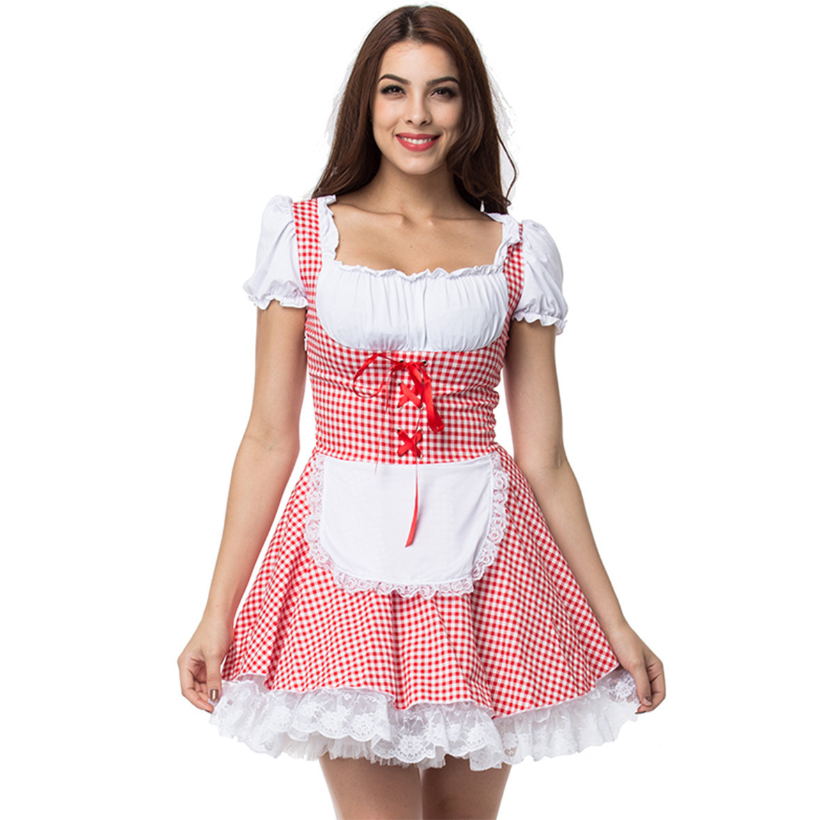 Dirndl Autunnale da Donna con Spalle Scoperte e Motivo a Quadri