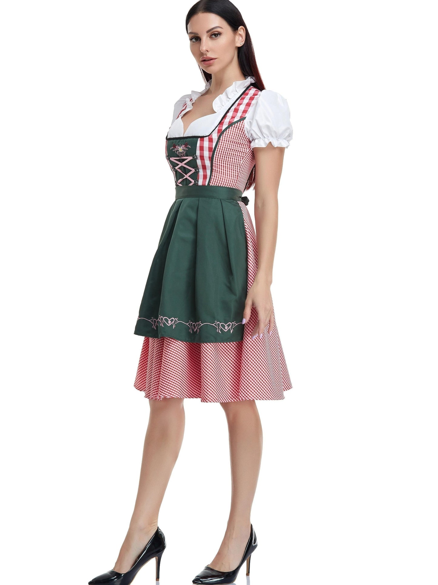 Abito Dirndl da Donna Verde Oliva con Grembiule Taglio Tradizionale per Feste
