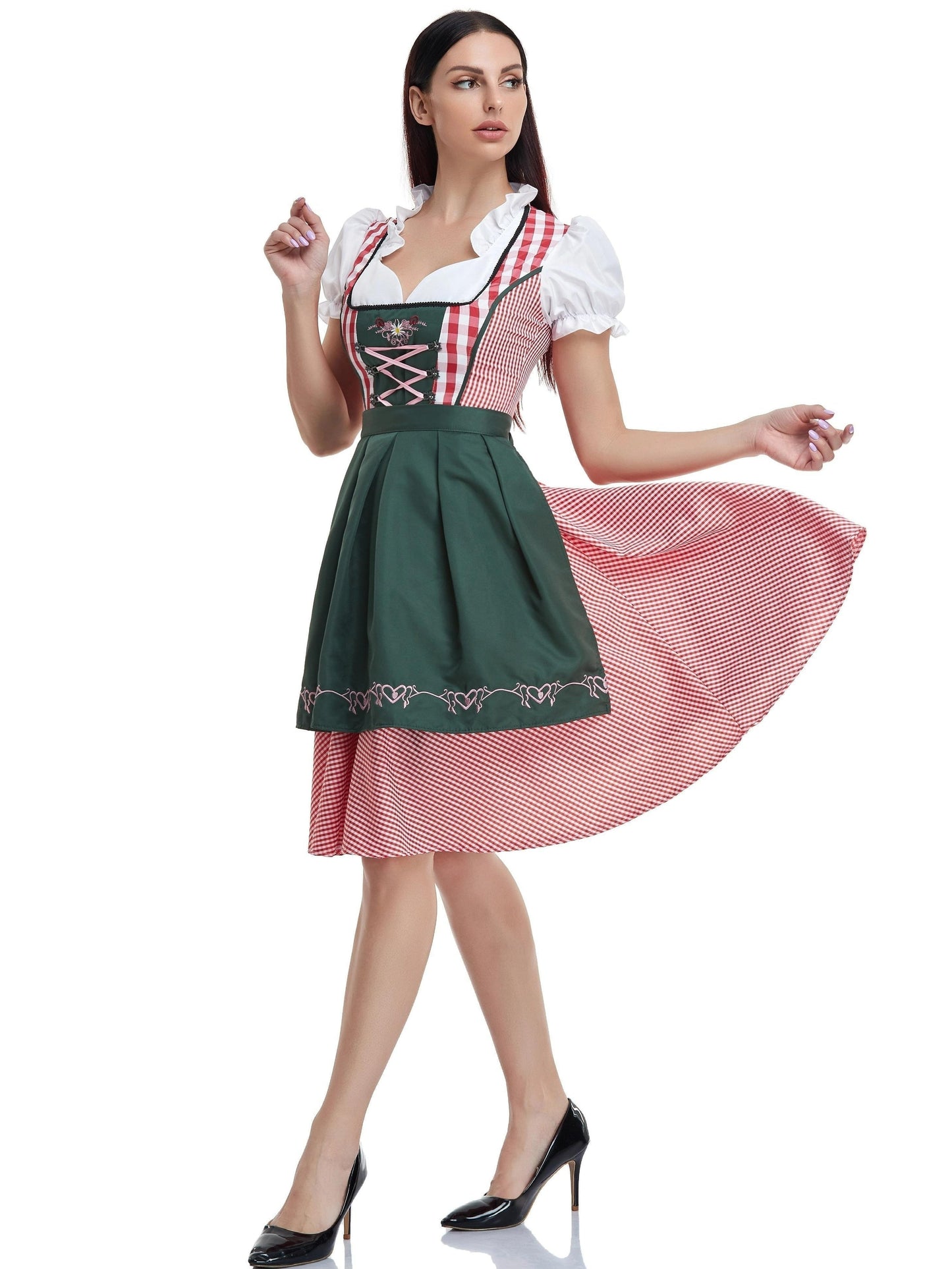 Abito Dirndl da Donna Verde Oliva con Grembiule Taglio Tradizionale per Feste