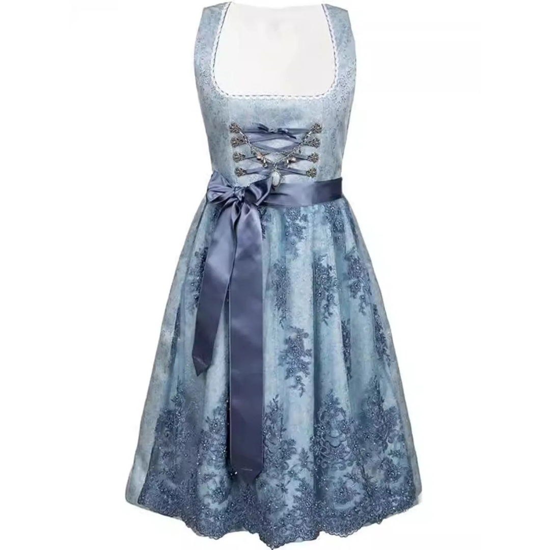 Abito tradizionale dirndl blu con dettagli in pizzo e fiocco in raso, ideale per Oktoberfest e feste bavaresi. Moda donna, abbigliamento etnico.