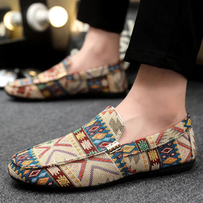 Mocassini da Uomo in Canvas con Stampa Azteca e Suola in Gomma