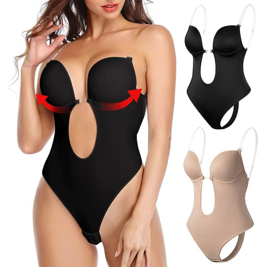 Donna in body modellante nero con scollo profondo, spalline trasparenti. A destra, due varianti in nero e beige. Intimo modellante, push-up.