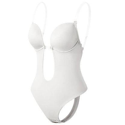 Body bianco senza schienale con spalline sottili, design a coppe, ideale per abiti scollati. Intimo femminile elegante e versatile.
