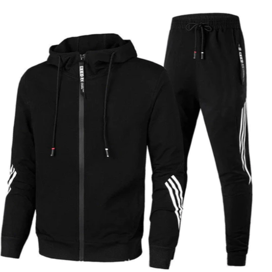 Tuta sportiva nera da uomo con cappuccio e pantaloni, dettagli a righe bianche sulle maniche e gambe, ideale per allenamento e tempo libero.