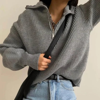 Maglione Knit Donna Collo Con Zip Maniche Lunghe